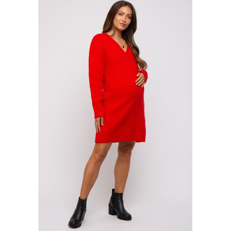 Red V-Neck Oversized Maternity Sweater Dress