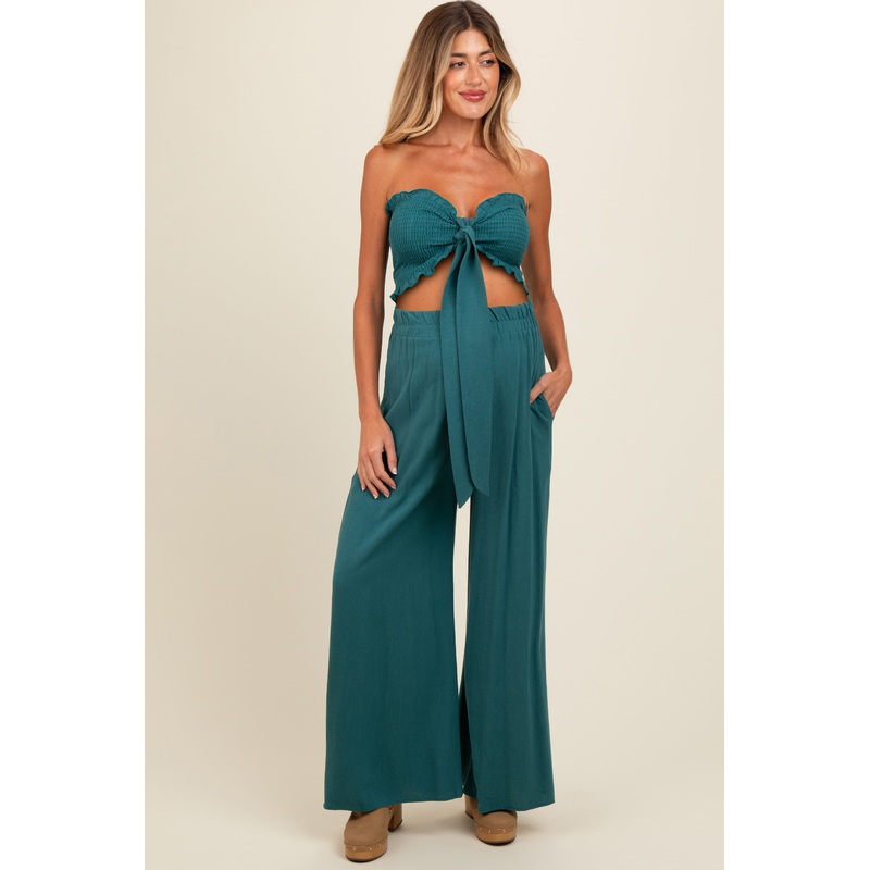 Teal Front Tie Crop Top and Pant Maternity Set