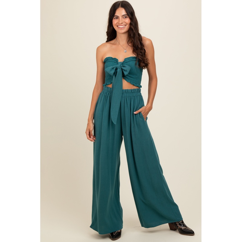 Teal Front Tie Crop Top and Pant Set