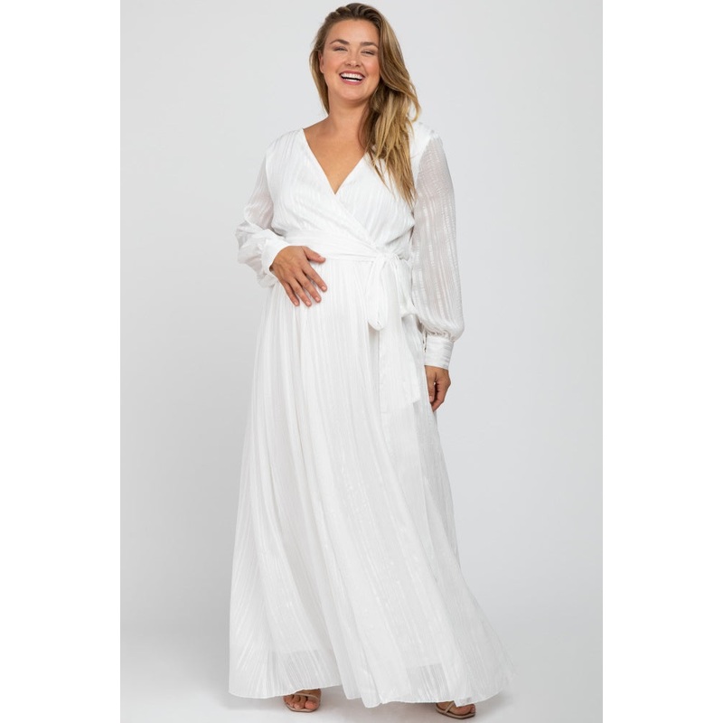 White Metallic Striped Chiffon Maternity Plus Maxi Dress