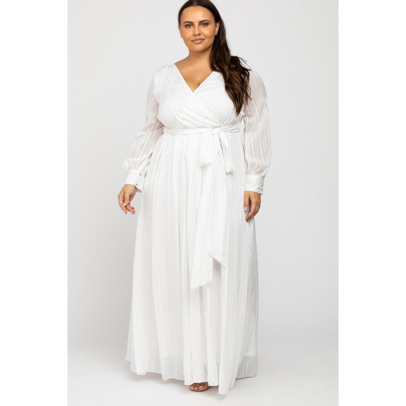 White Metallic Striped Chiffon Maxi Plus Dress