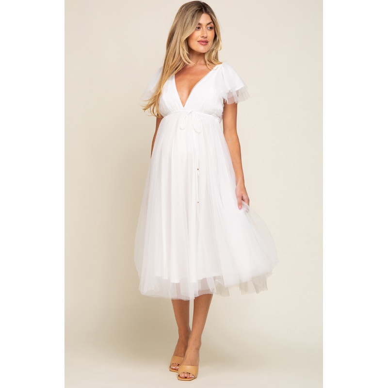 White Tulle V-Neck Flutter Sleeve Maternity Midi Dress