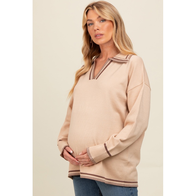 Beige Contrast Trim Collared Maternity Sweater