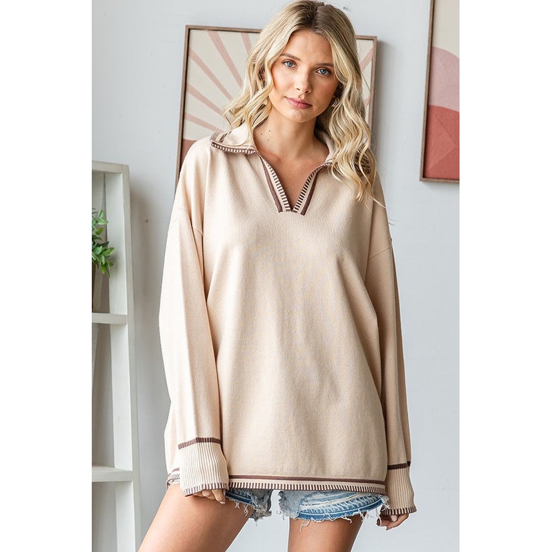 Beige Contrast Trim Collared Sweater
