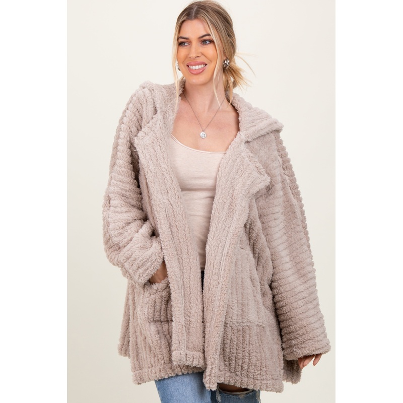 Beige Fuzzy Slit Hem Hooded Cardigan