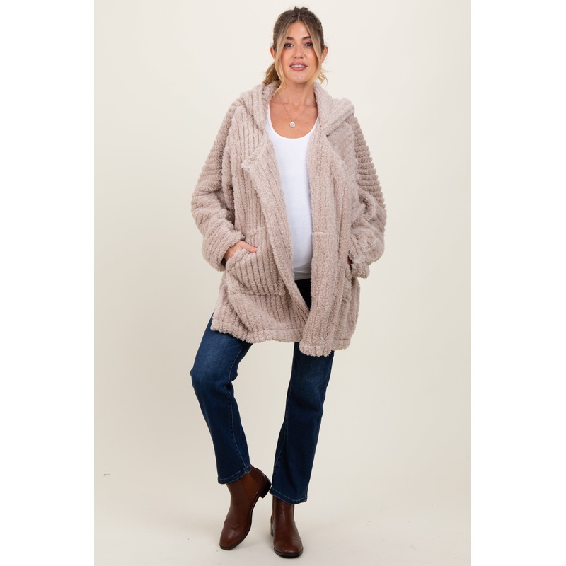 Beige Fuzzy Slit Hem Hooded Maternity Cardigan