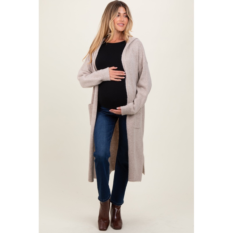 Beige Long Hooded Open Front Maternity Cardigan