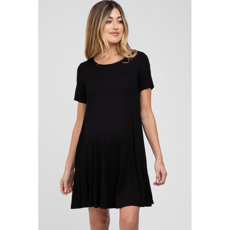 Black Basic Short Sleeve Maternity Dress