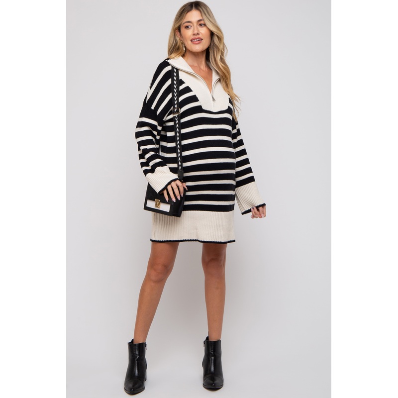 Black Striped Zipper Front Collared Maternity Sweater Dress