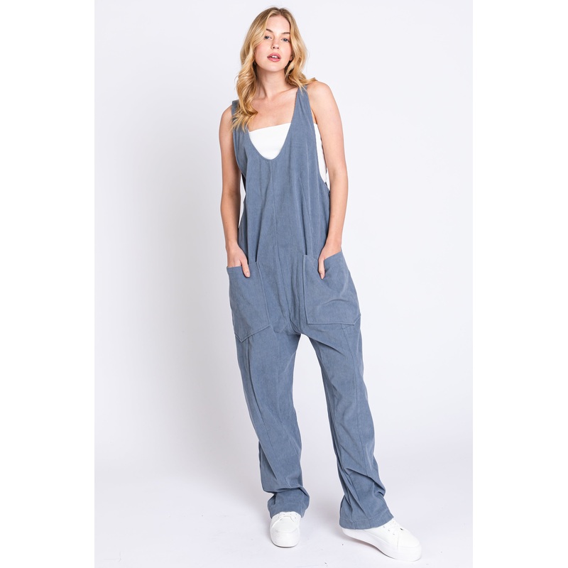 Blue Corduroy Wide Leg Overalls