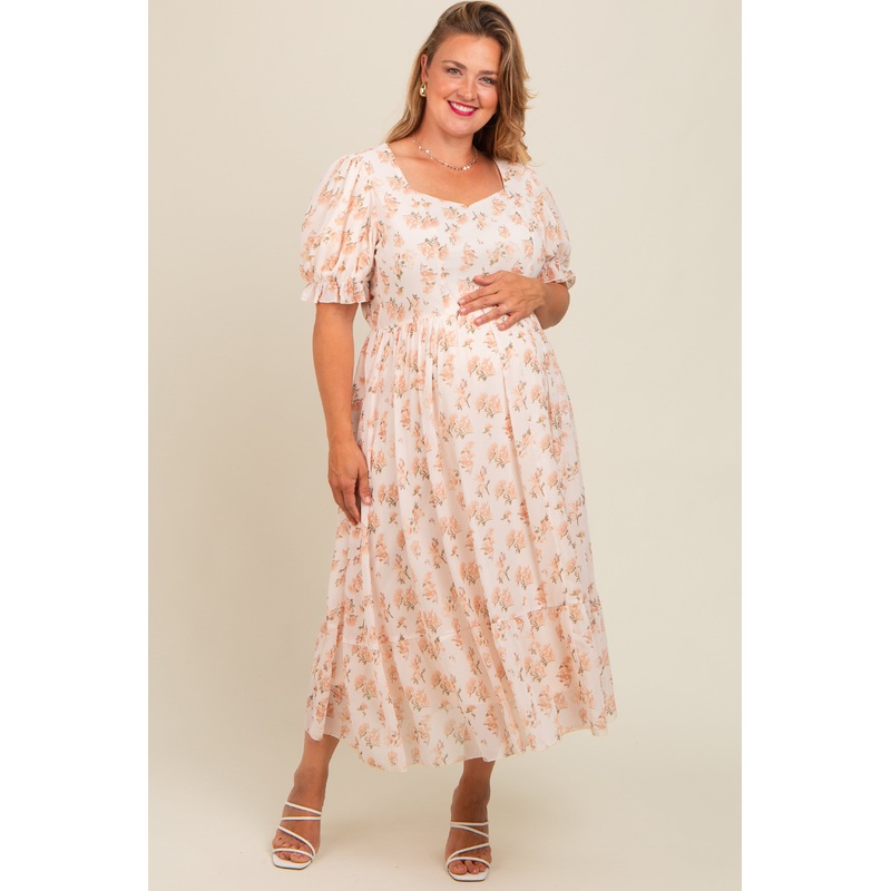 Cream Floral Puff Sleeve Plus Maternity Maxi Dress