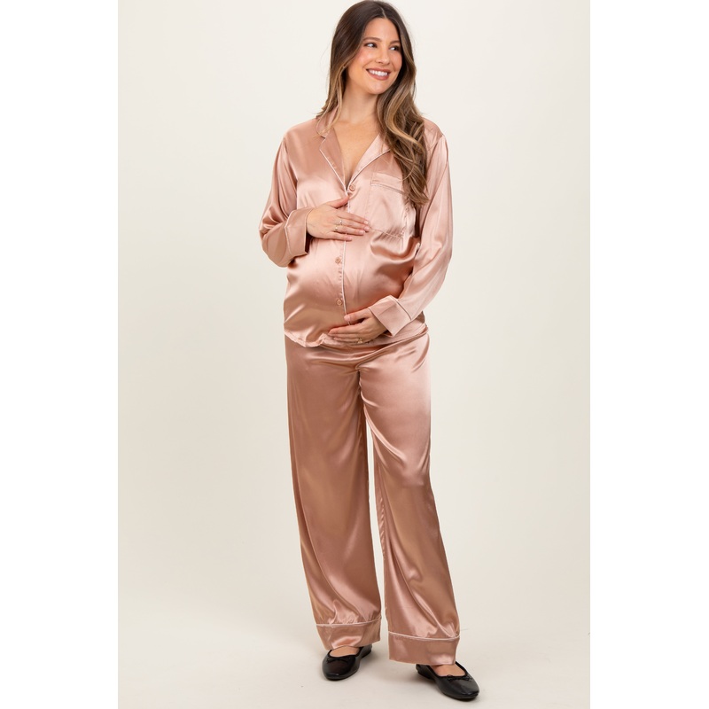 Gold Satin Contrast Trim Long Sleeve Maternity Pajama Set