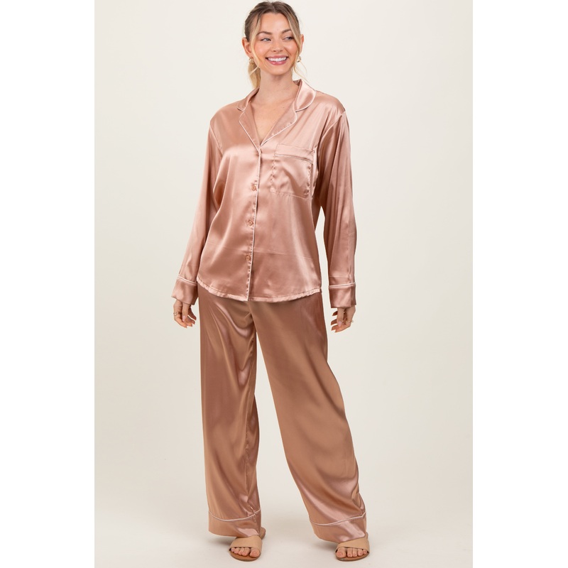 Gold Satin Contrast Trim Long Sleeve Pajama Set