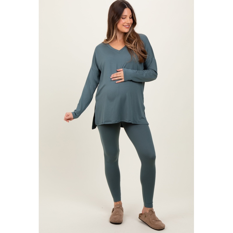 Light Olive Brushed Knit Maternity Oversized Top and Legging Set