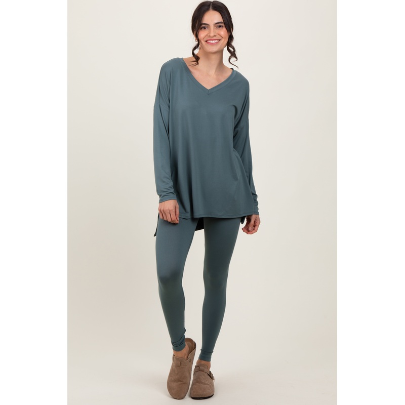Light Olive Brushed Knit Oversized Top and Legging Set