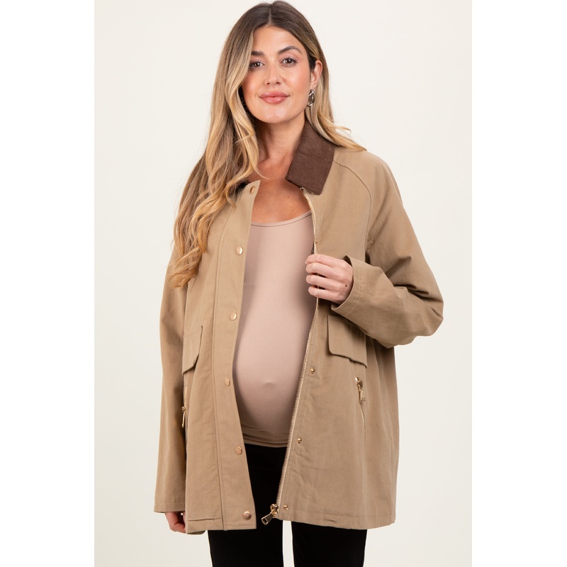 Mocha Plaid Lined Oversized Maternity Zipper Jacket