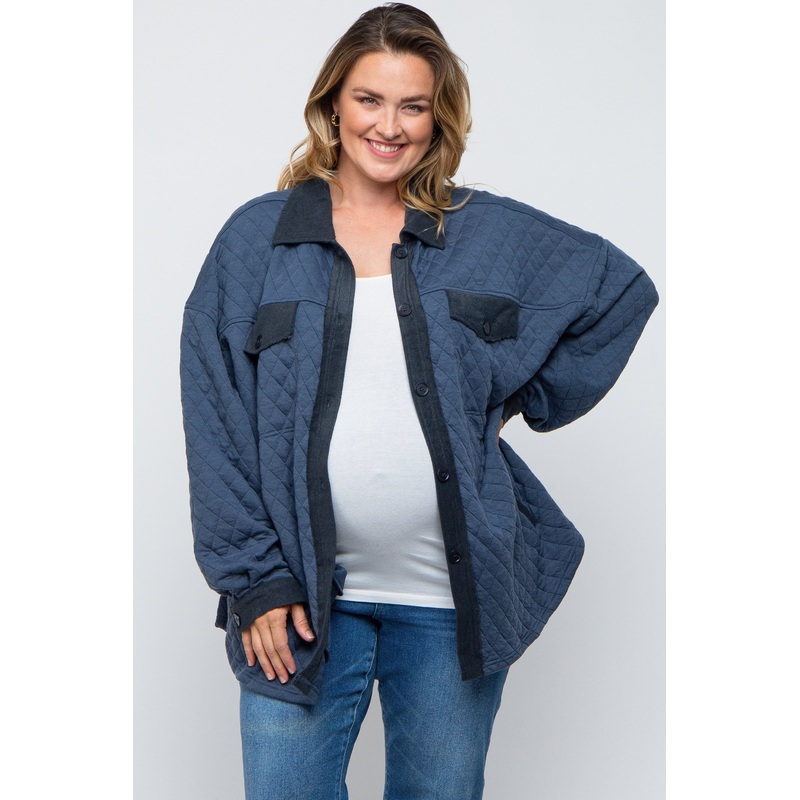 Navy Blue Colorblock Quilted Maternity Plus Shirt Jacket