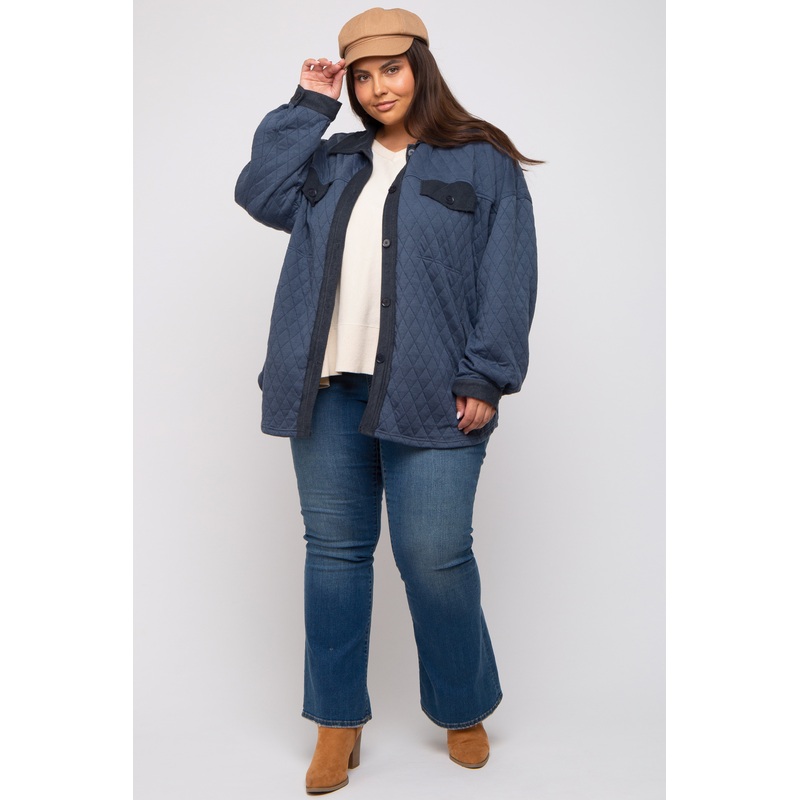 Navy Blue Colorblock Quilted Plus Shirt Jacket