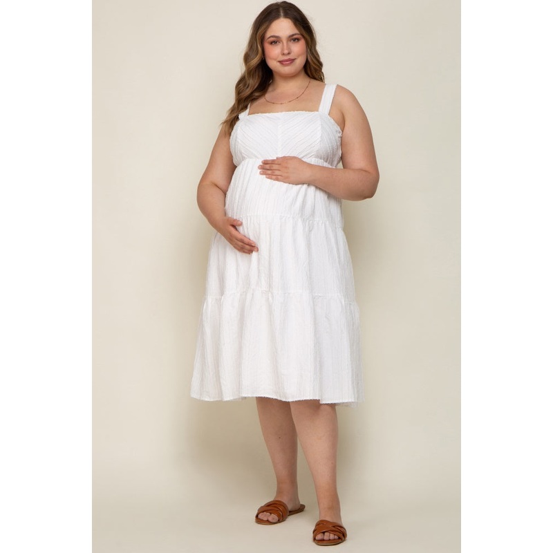 White Textured Striped Tiered Maternity Plus Midi Dress