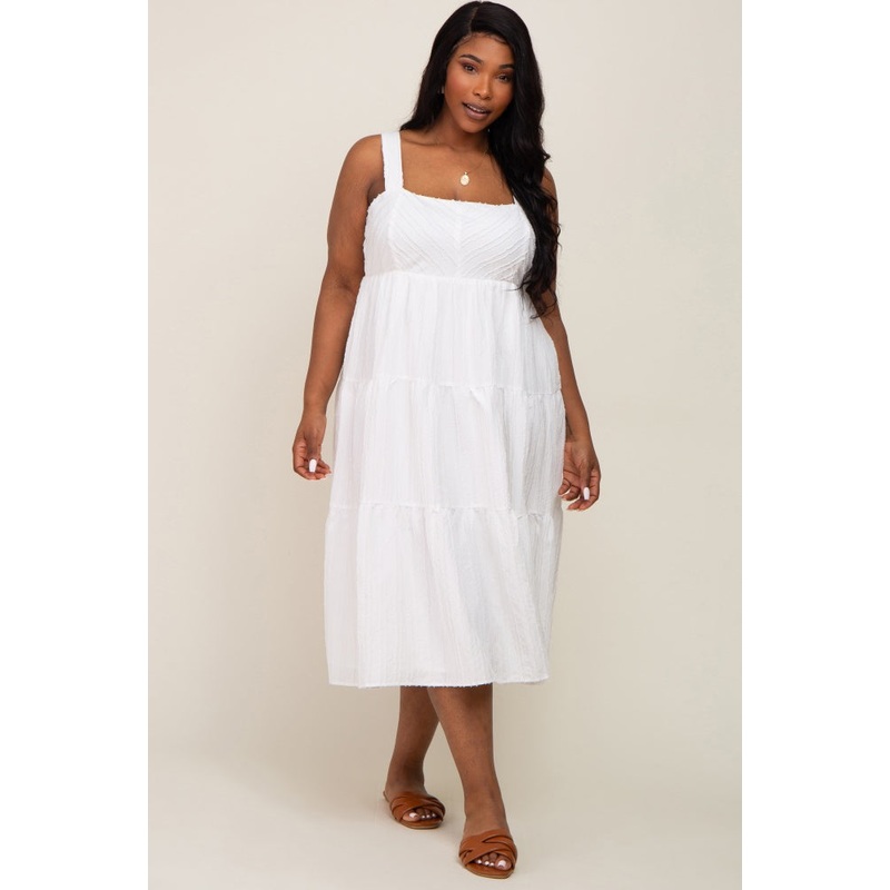White Textured Striped Tiered Plus Midi Dress