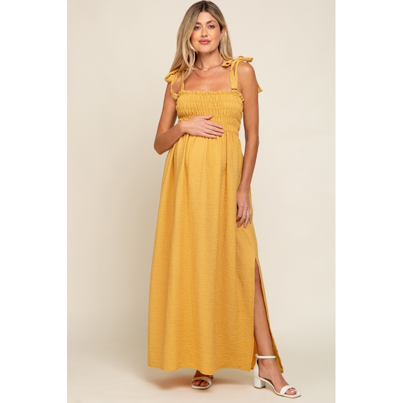 Yellow Textured Smocked Shoulder Tie Maternity Maxi Dress