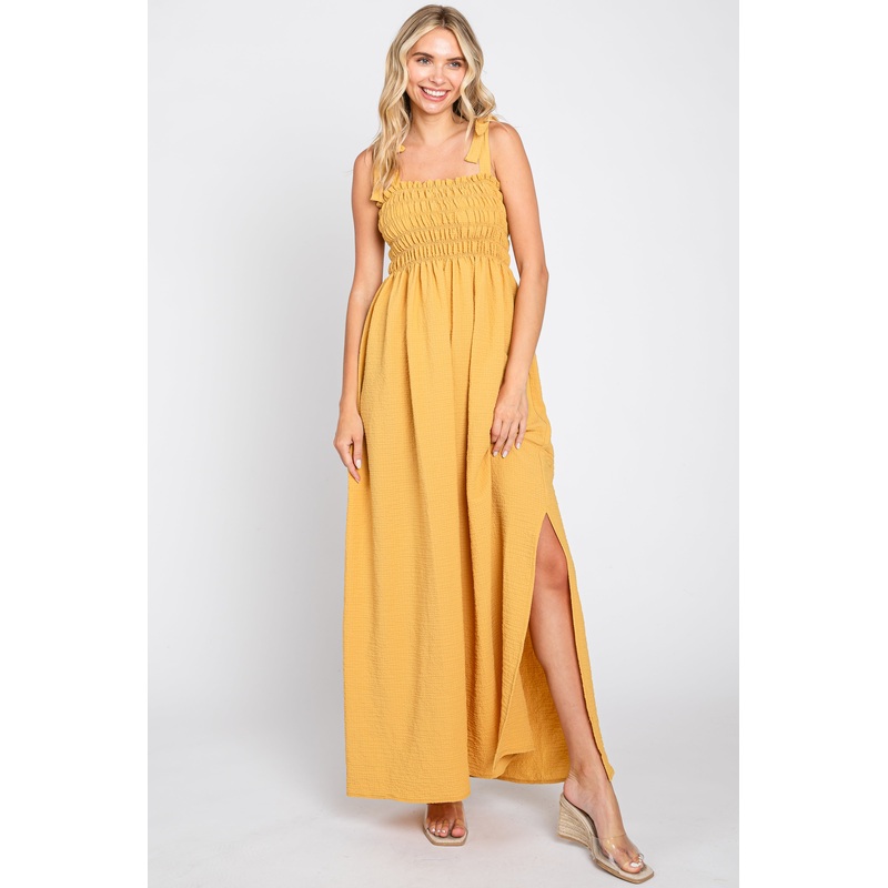 Yellow Textured Smocked Shoulder Tie Maxi Dress