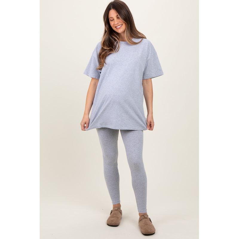 Heather Grey Oversized Crewneck Short Sleeve and Legging Maternity Set