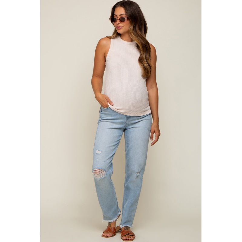 Light Blue Distressed Frayed Hem Maternity Jeans