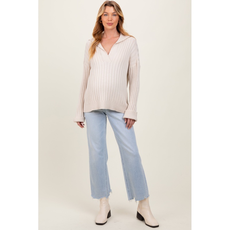 Light Blue Distressed Hem Slim Wide Leg Maternity Jeans