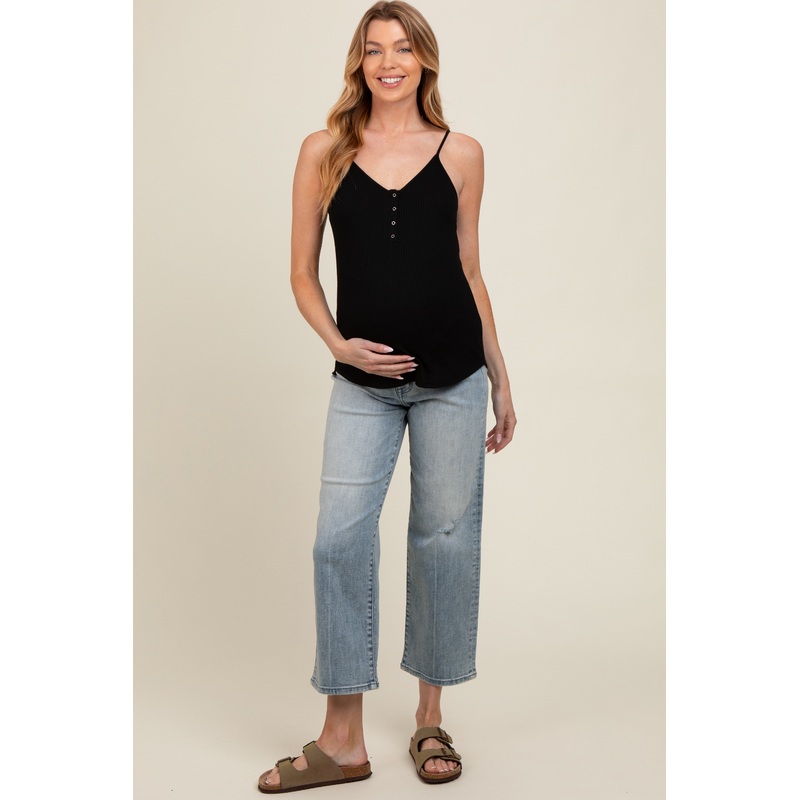 Light Blue Distressed Maternity Wide Leg Ankle Crop Jeans
