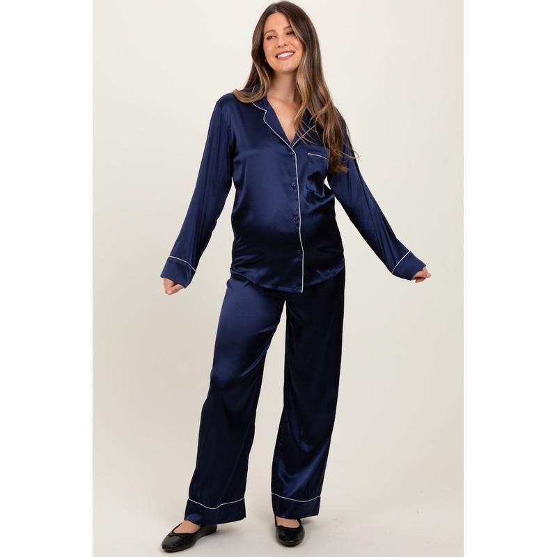 Navy Satin Contrast Trim Long Sleeve Maternity Pajama Set