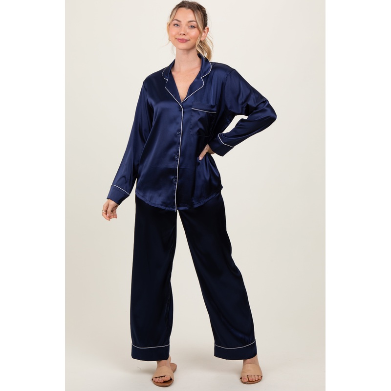 Navy Satin Contrast Trim Long Sleeve Pajama Set