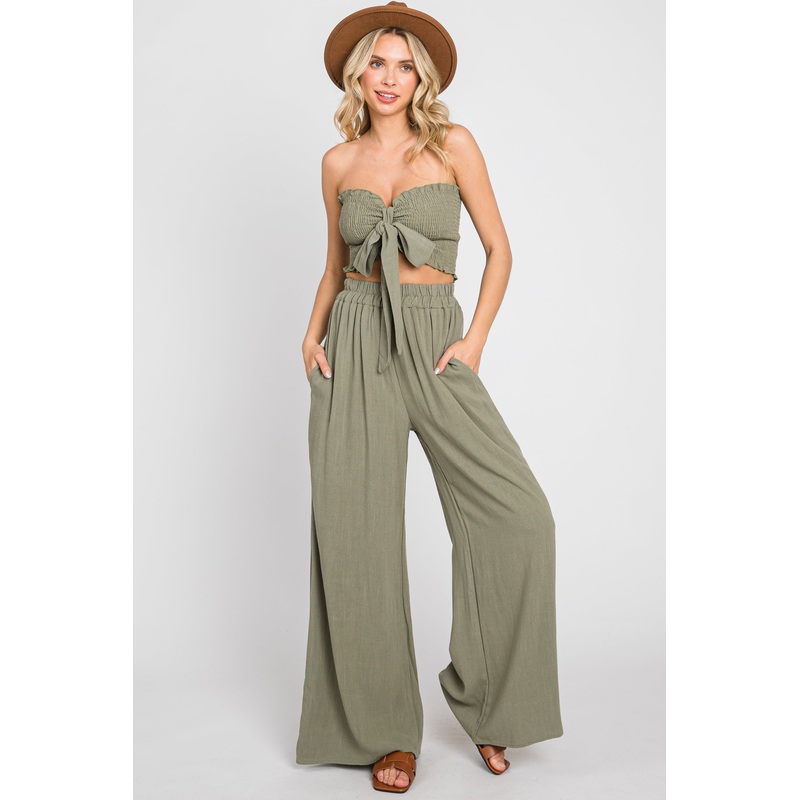 Olive Front Tie Crop Top and Pant Set