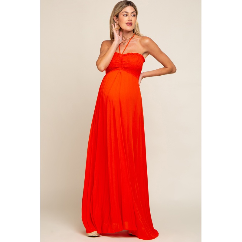 Orange Smocked Halter Maternity Maxi Dress