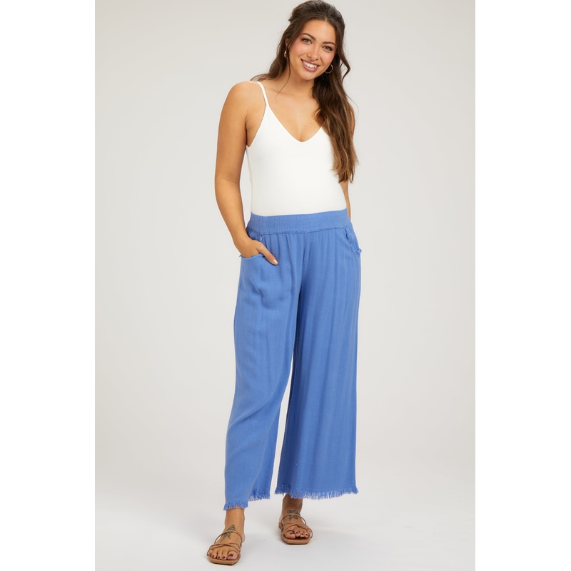 Periwinkle Linen Frayed Hem Crop Maternity Pants