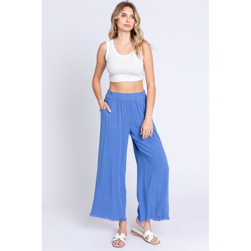 Periwinkle Linen Frayed Hem Crop Pants