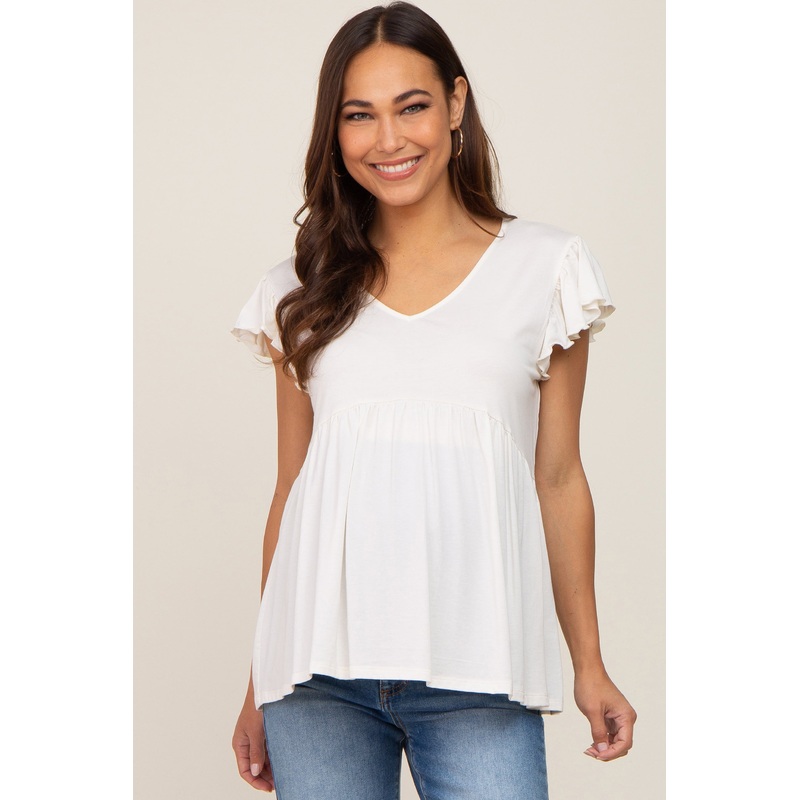 White Flutter Sleeve V-Neck Maternity Top