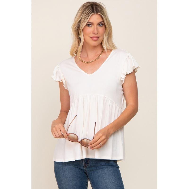 White Flutter Sleeve V-Neck Top