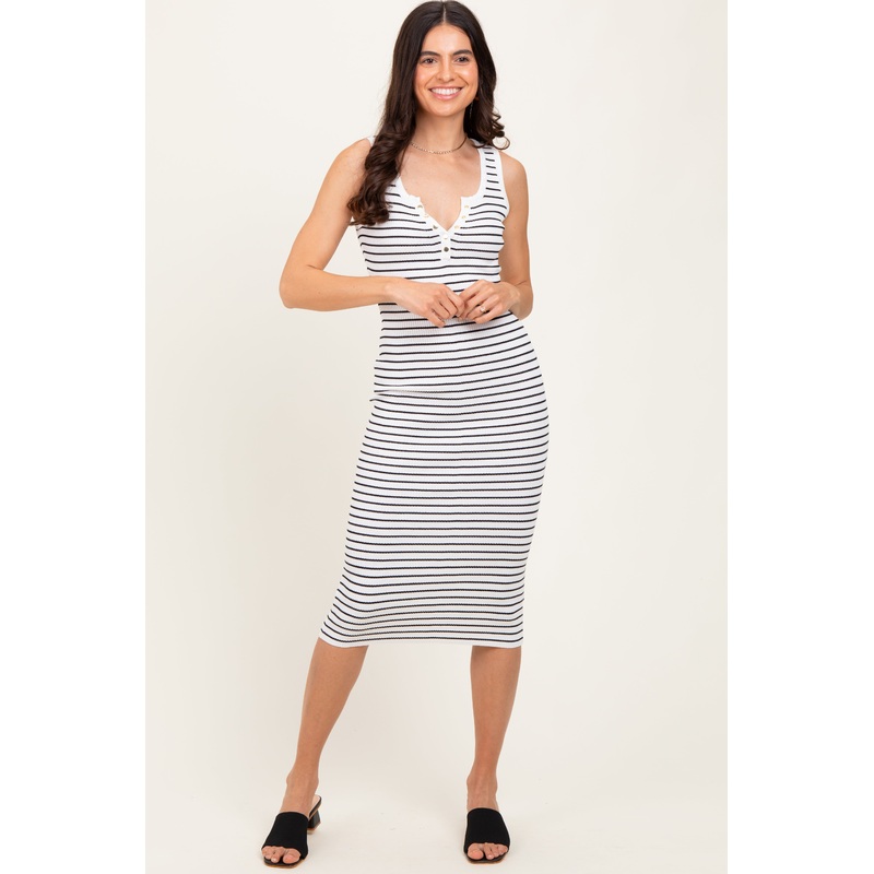 White Striped Sleeveless Fitted Midi Dress