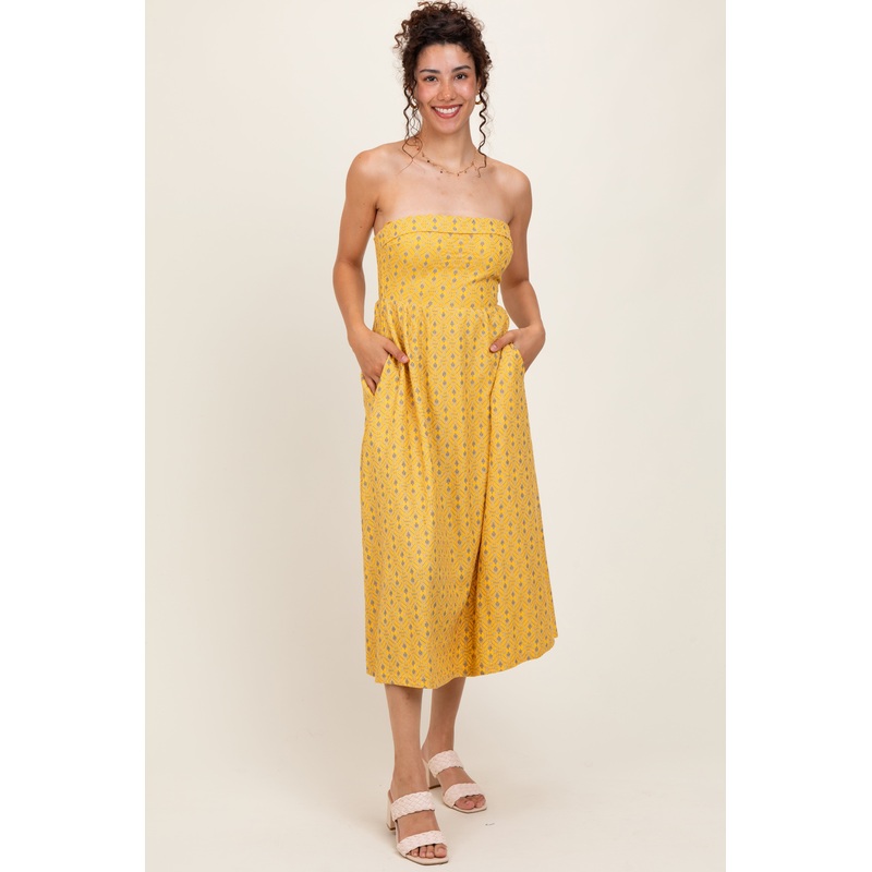 Yellow Lace Strapless Lace Up Back Midi Dress