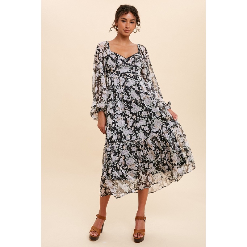 Black Chiffon Floral Maxi Dress