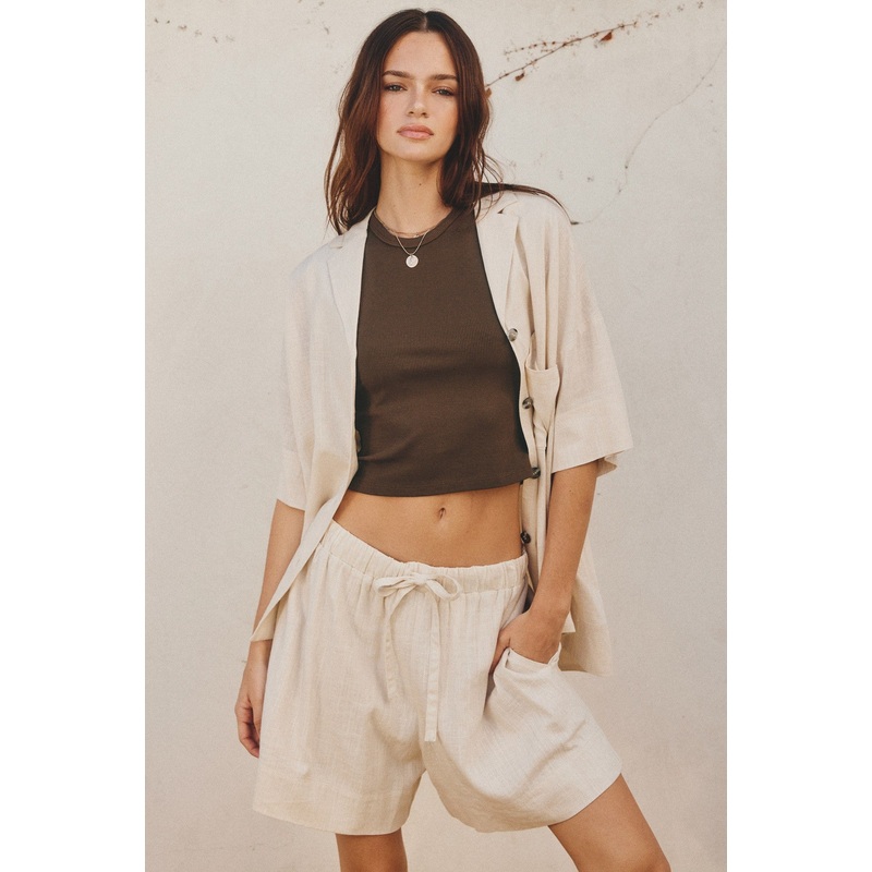 Oatmeal Linen Blend Relaxed Shirt And Shorts Set