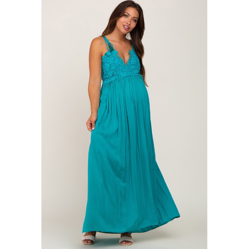 Turquoise Crochet Lace Maternity Maxi Dress
