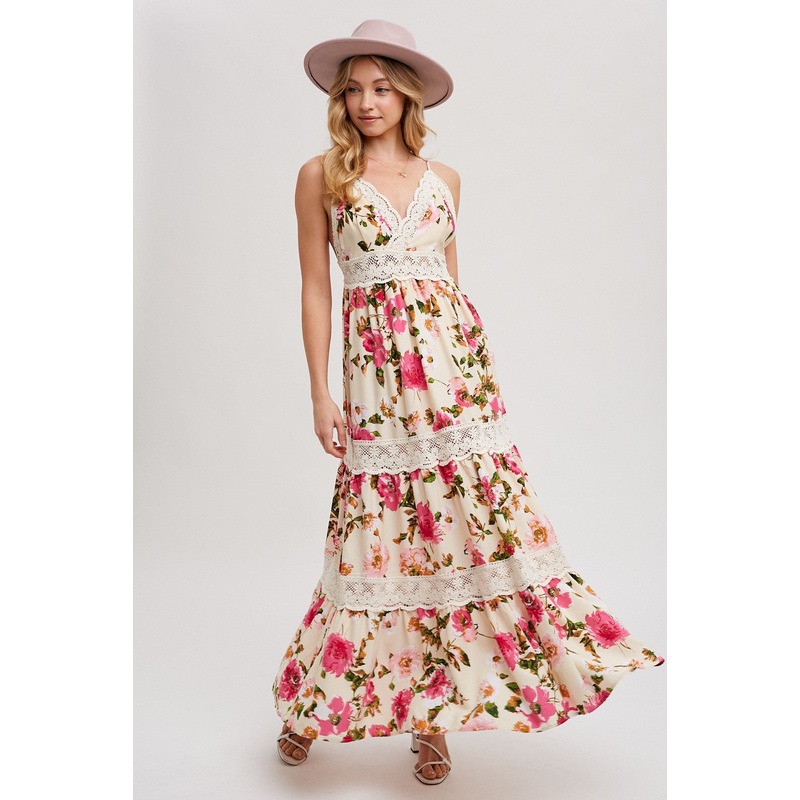 Vanilla Floral Print Tiered Lace Contrast Maxi Dress