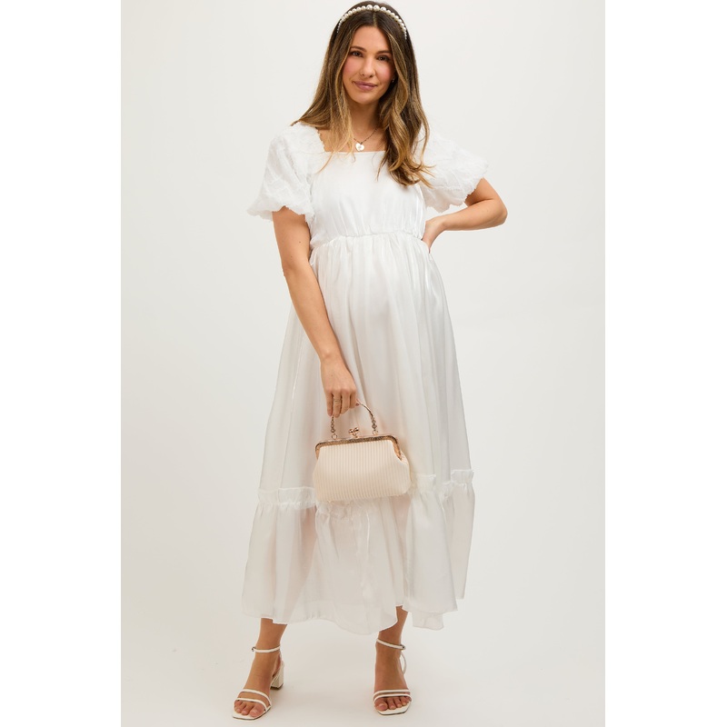White Iridescent Textured Puff Sleeve Maternity Midi Dress