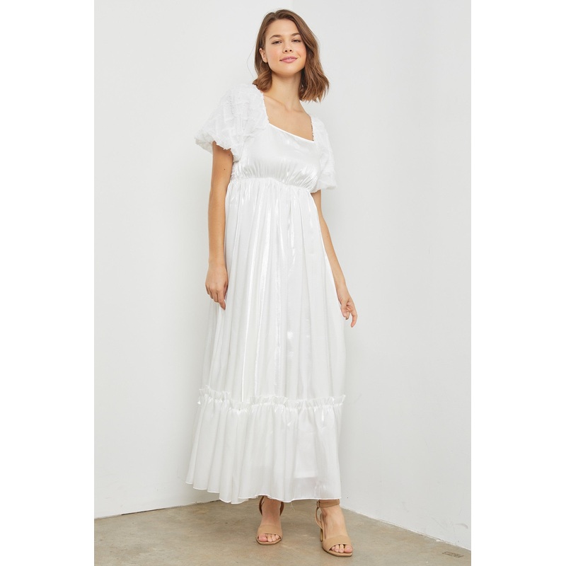 White Iridescent Textured Puff Sleeve Midi Dress