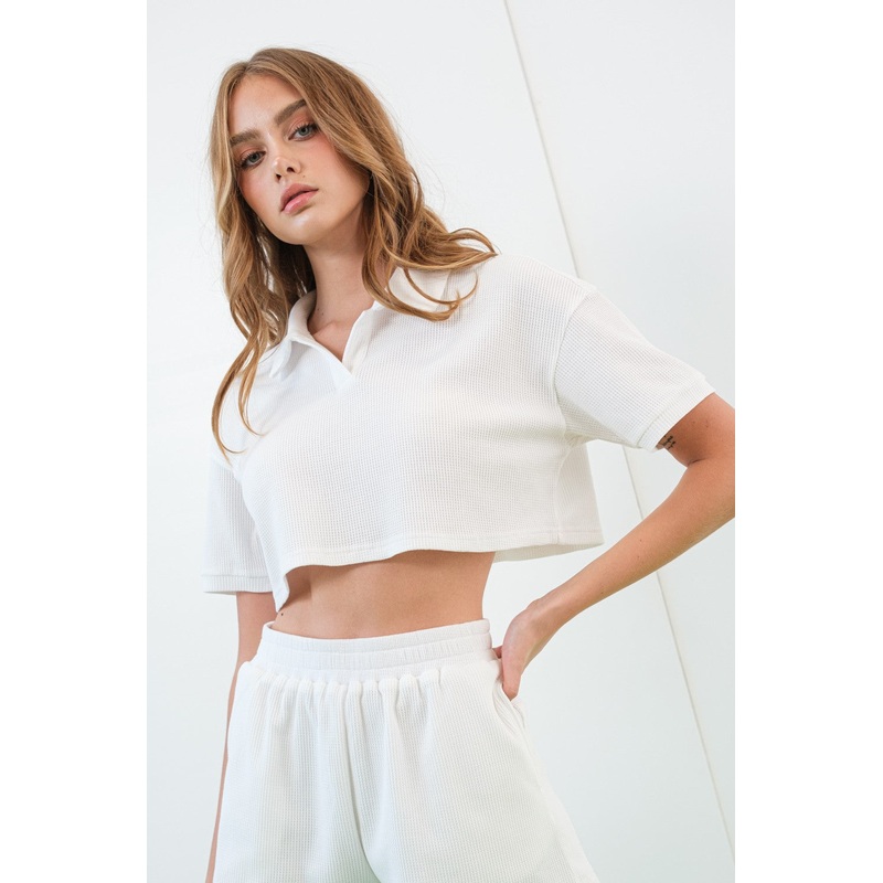 White Waffle Crop Polo Top And Shorts Set