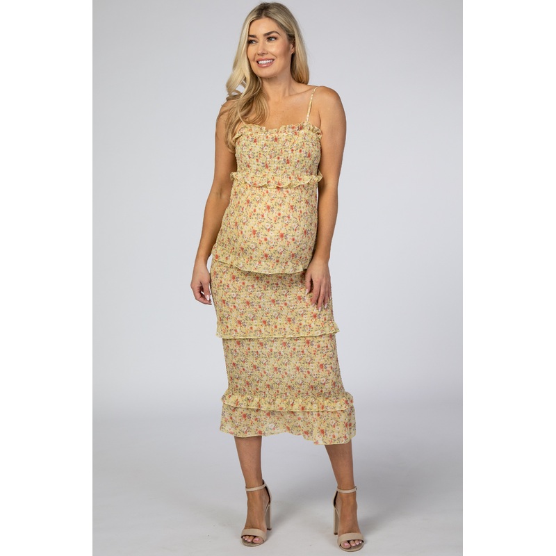 Yellow Floral Chiffon Smocked Fitted Maternity Midi Dress