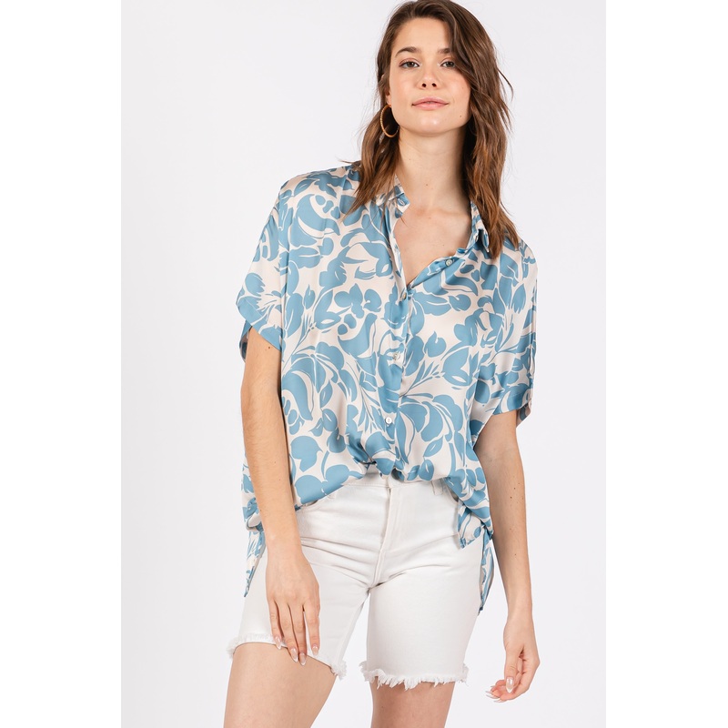Aqua Floral Button Down Blouse