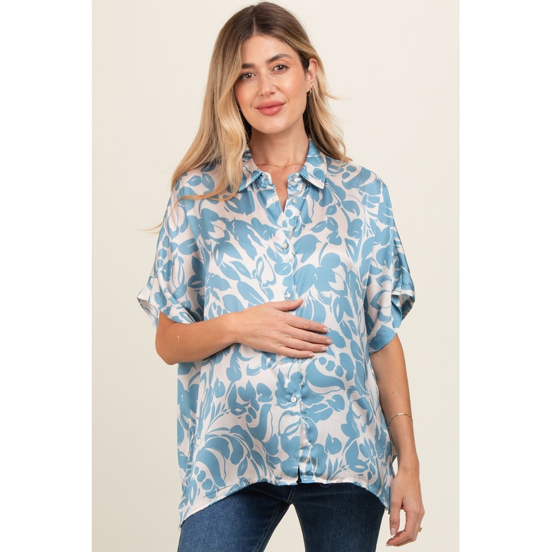 Aqua Floral Button Down Maternity Blouse
